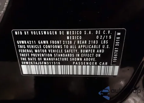 2015 Volkswagen Jetta 2.0L S z USA, uszkodzony, nr VIN 3VW2K7AJ5FM311316